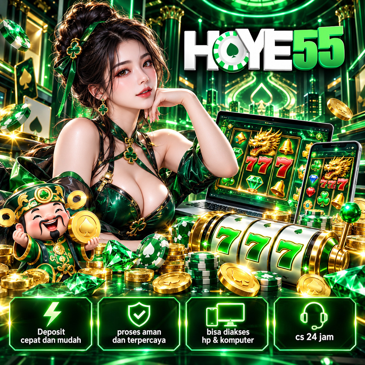 Ilustrasi promosi HOYE55 warna hijau dan emas bertema hiburan game digital